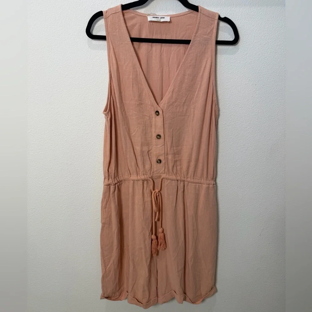 Tropical Peach Linen Blend Button-Down Romper - Coastal Boho Tassel Tie - Large